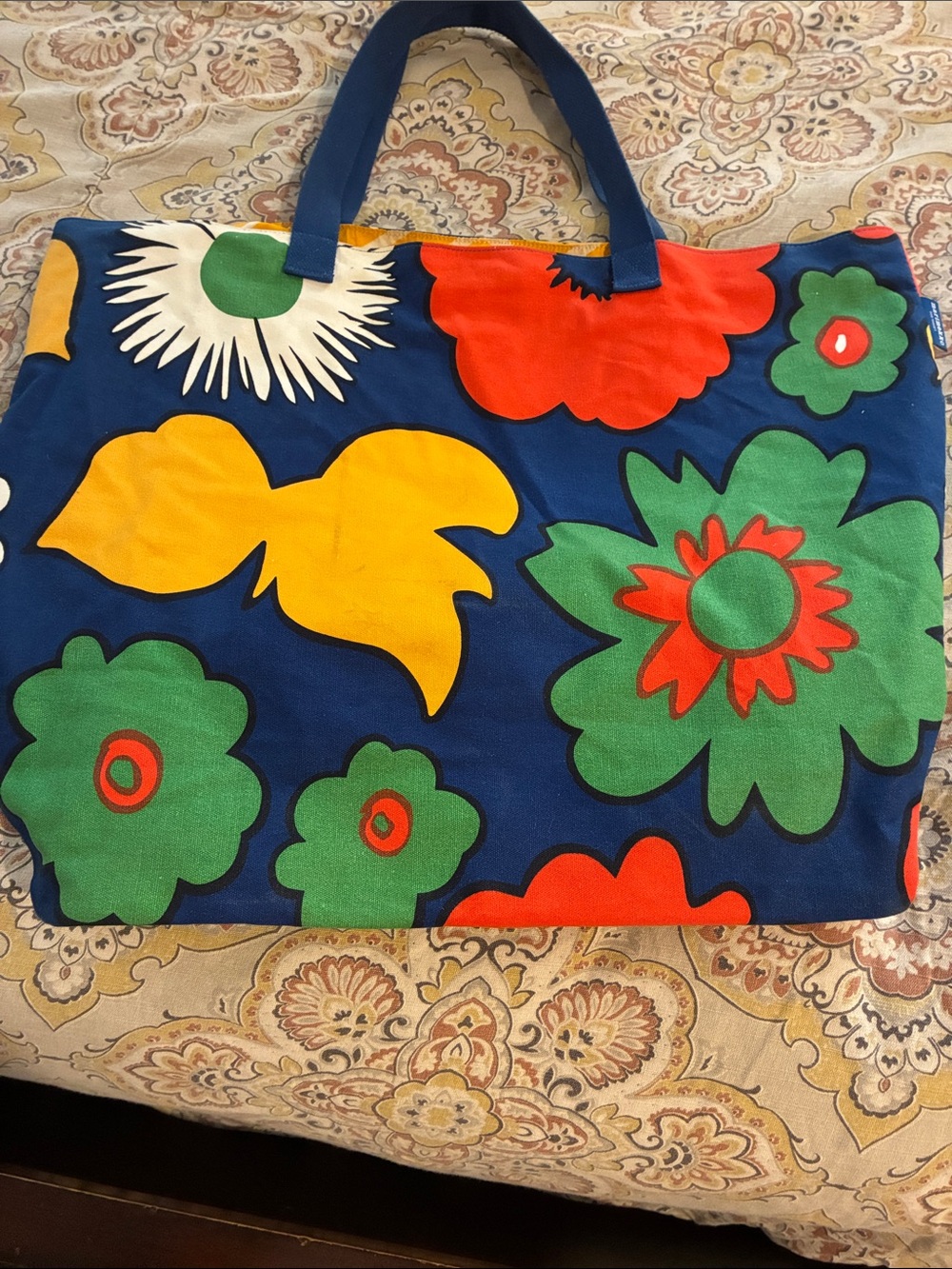 Marimekko Canvas Floral Tote Bag in Navy, Green, Yellow & Red